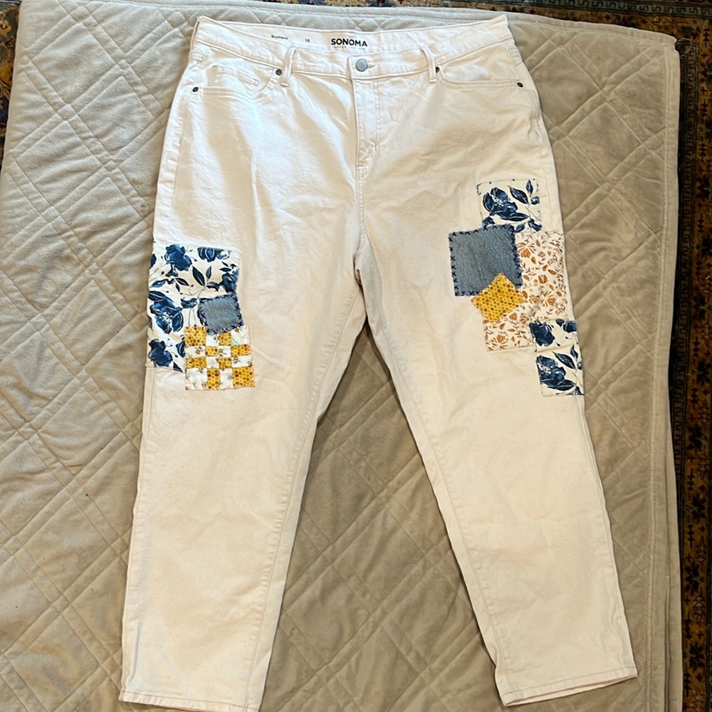 Customized 4 additional patches Sonoma Boyfriend cut size 18 cream denim jeans